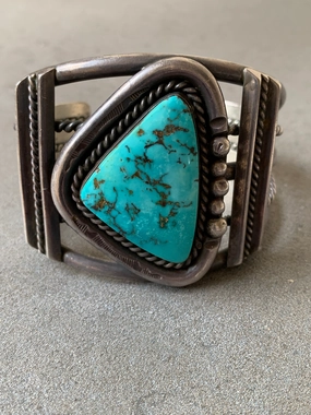Night Detail Gloss Finish Natural Turquoise Sterling Silver Cuff Navajo,Hand Made