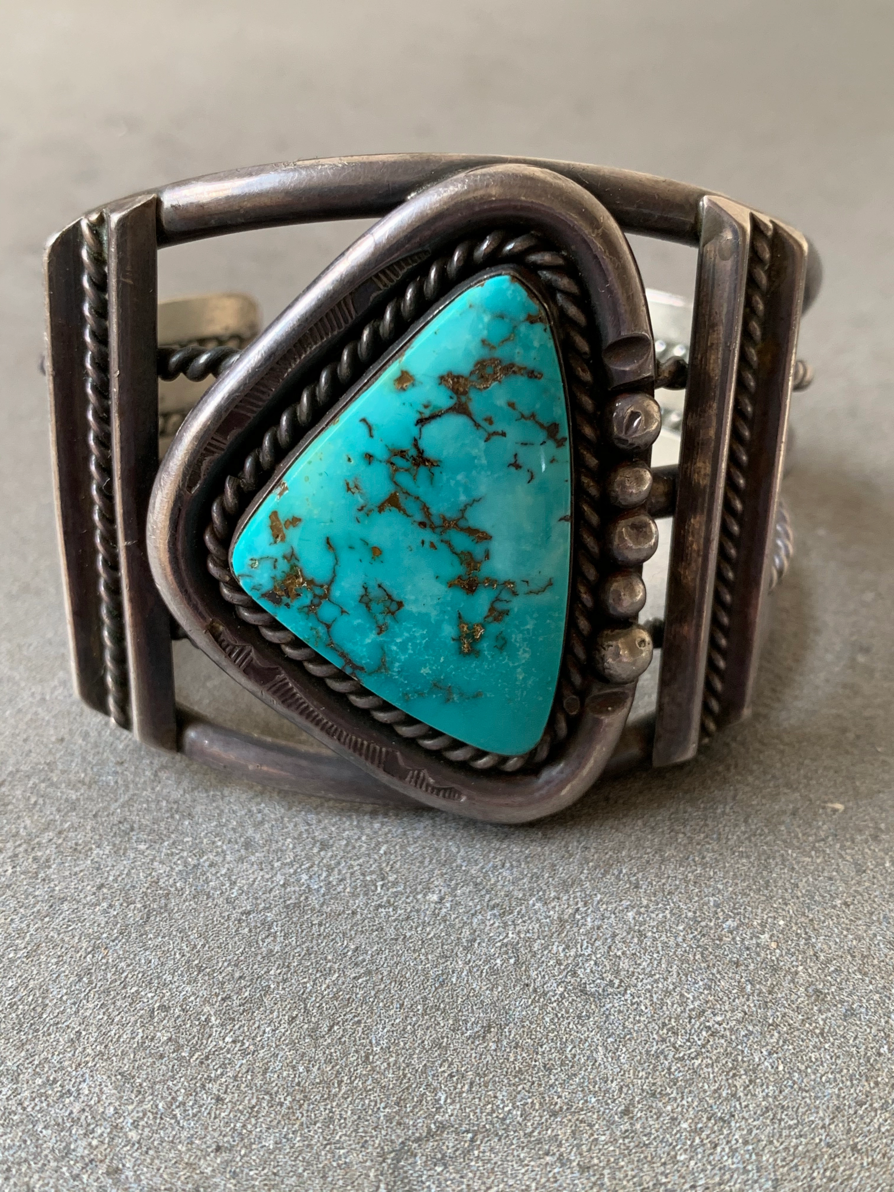 Night Detail Gloss Finish Natural Turquoise Sterling Silver Cuff Navajo,Hand Made