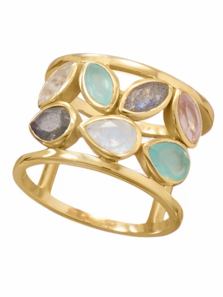 Low-Cost Statement Bright Accent Gold-plated Genuine Ring Rose Quartz, Rainbow Moonstone, Labradorite, Chalcedony