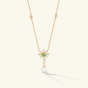 Natural Emerald & Pearl & Moissanite Rose Gold Necklace Glam Glow Gleaming Charm