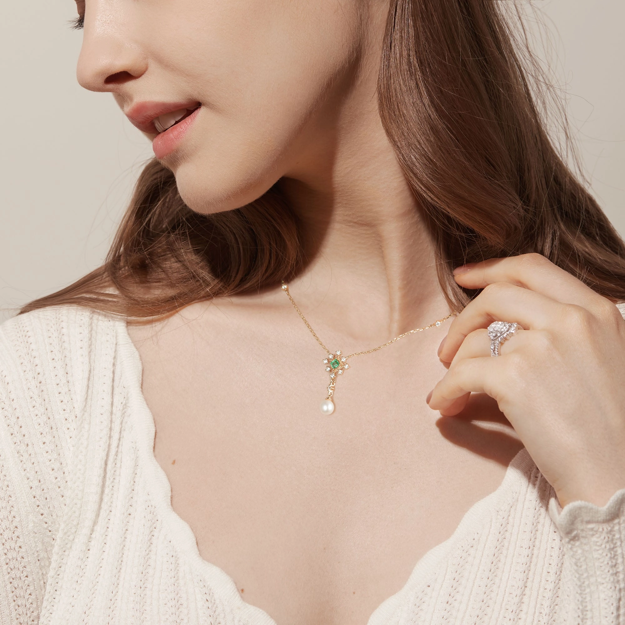 Chic Pop Precious Piece Natural Emerald & Pearl & Moissanite Rose Gold Necklace