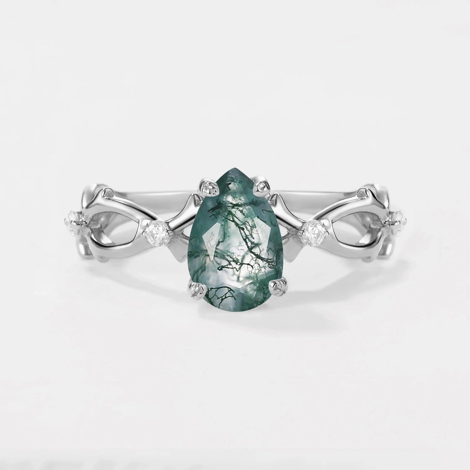 Smooth Texture Signature Edge 1.5ct Pear Moss Agate Infinity Leaf Four-prong Ring