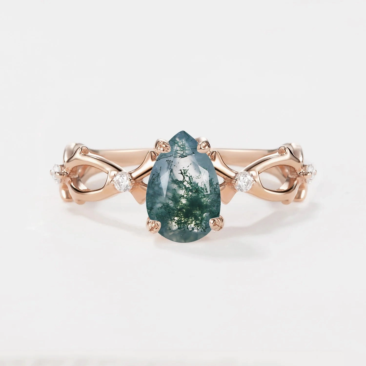 1.5ct Pear Moss Agate Infinity Leaf Four-prong Ring Signature Touch Sophisticated piece