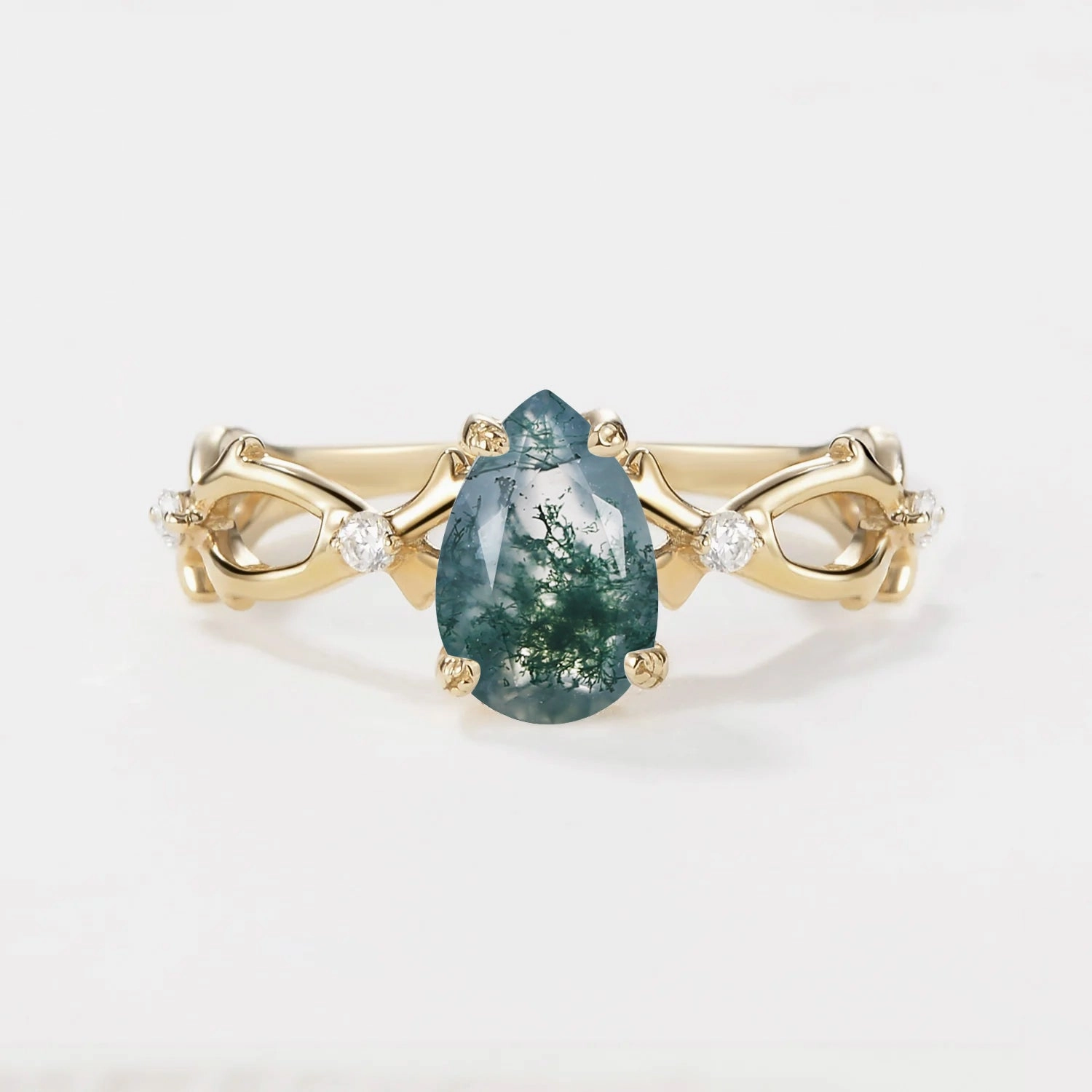 1.5ct Pear Moss Agate Infinity Leaf Four-prong Ring Minimal Sparkle Silky texture