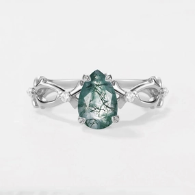 Smooth Texture Signature Edge 1.5ct Pear Moss Agate Infinity Leaf Four-prong Ring