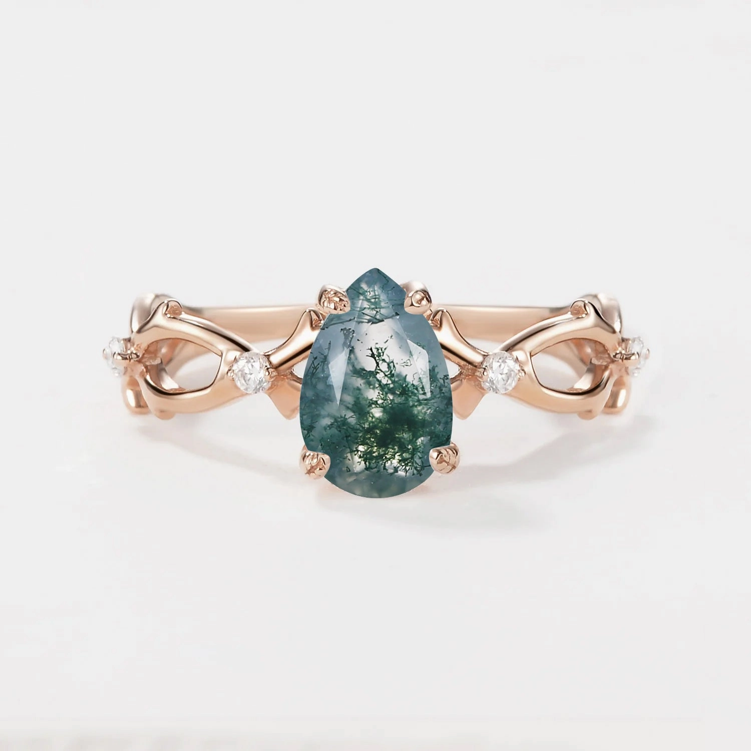 Exclusive Jewelry Glistening Look 1.5ct Pear Moss Agate Infinity Leaf Four-prong Ring