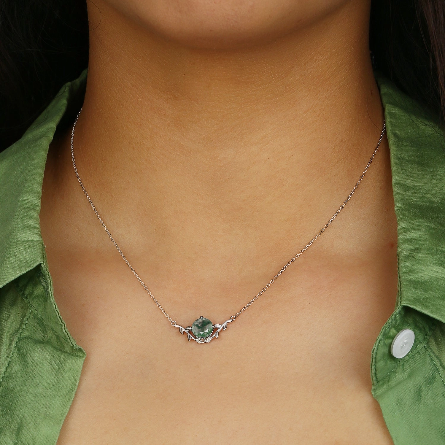 Natural Inspired Leafy Moss Agate Cute Round Necklace Fashion Layer