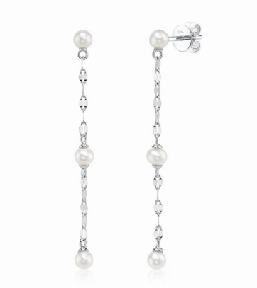 Shiny Design Dangle Freshwater Cultured Pearl Earrings in 14K White Gold