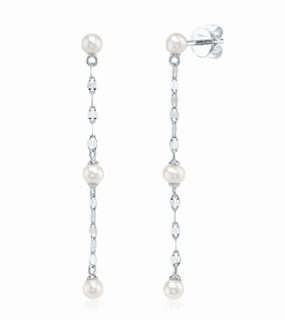 Shiny Design Dangle Freshwater Cultured Pearl Earrings in 14K White Gold