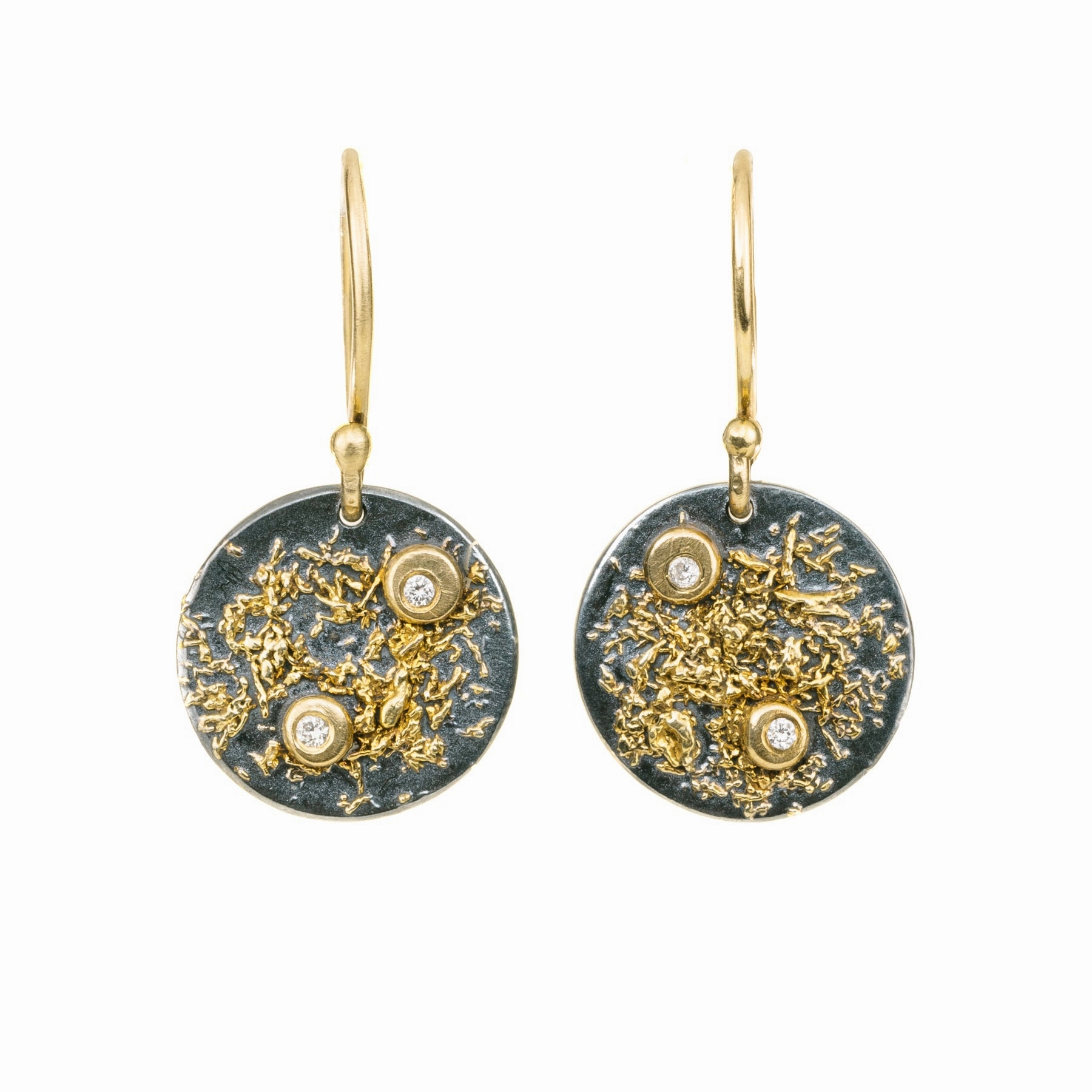 Exquisite Piece Tiny Item Mini Disc Earrings - 18k Gold Fused with Oxidized Silver