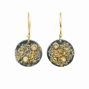 Exquisite Piece Tiny Item Mini Disc Earrings - 18k Gold Fused with Oxidized Silver