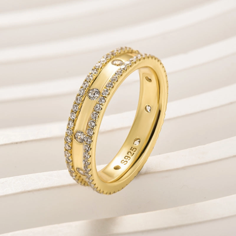 Gorgeous Yellow Gold Wide Women's Wedding Band In Sterling Silver Versatile Shine Layered Design
