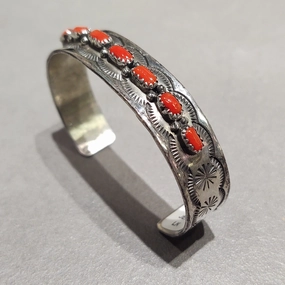 Elegant Treasures Jerry Bahe Navajo Sterling Silver Coral Bracelet - Handmade Native American
