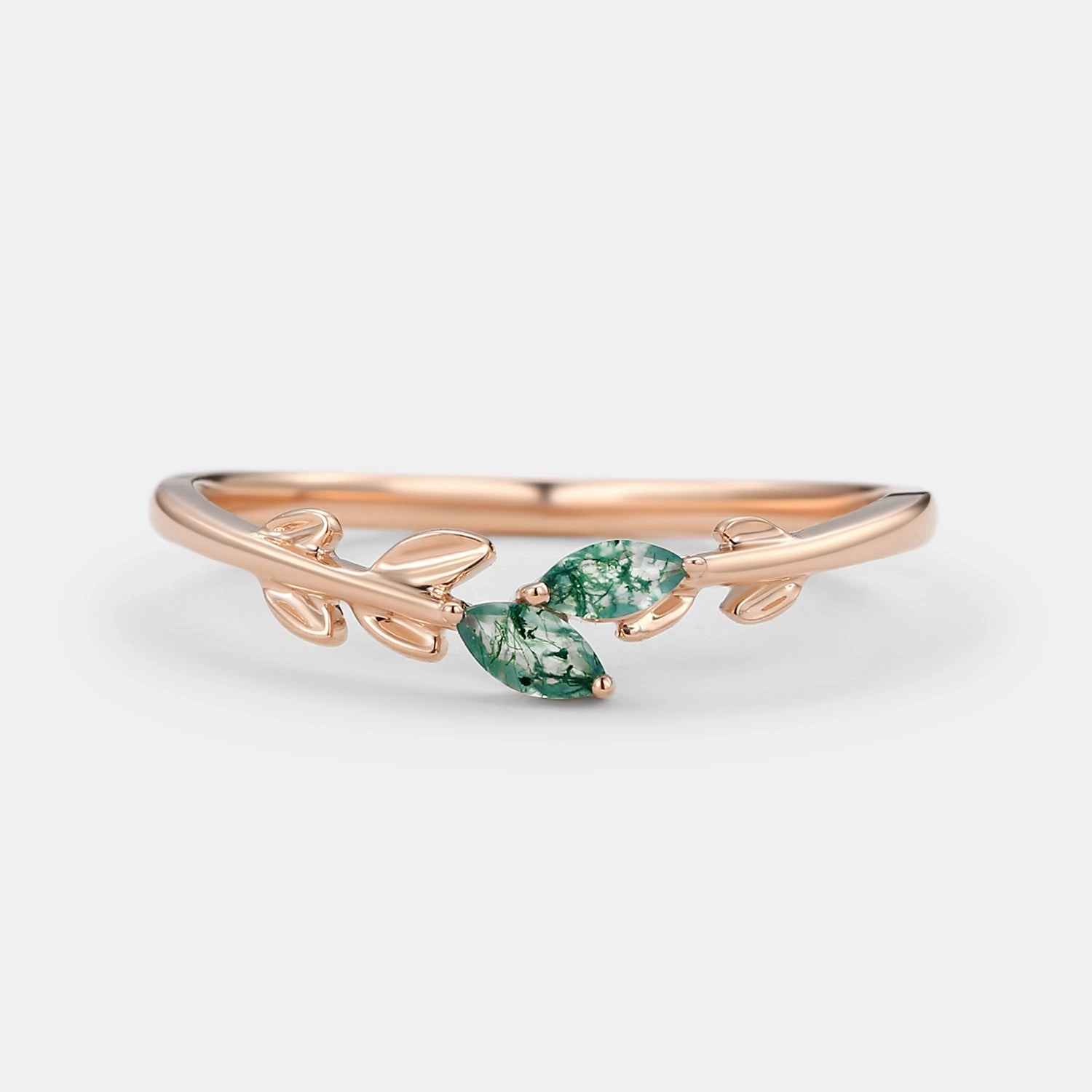 Premium Quality Moss Agate Marquise Cut Leafy Wedding Band Gold Ring