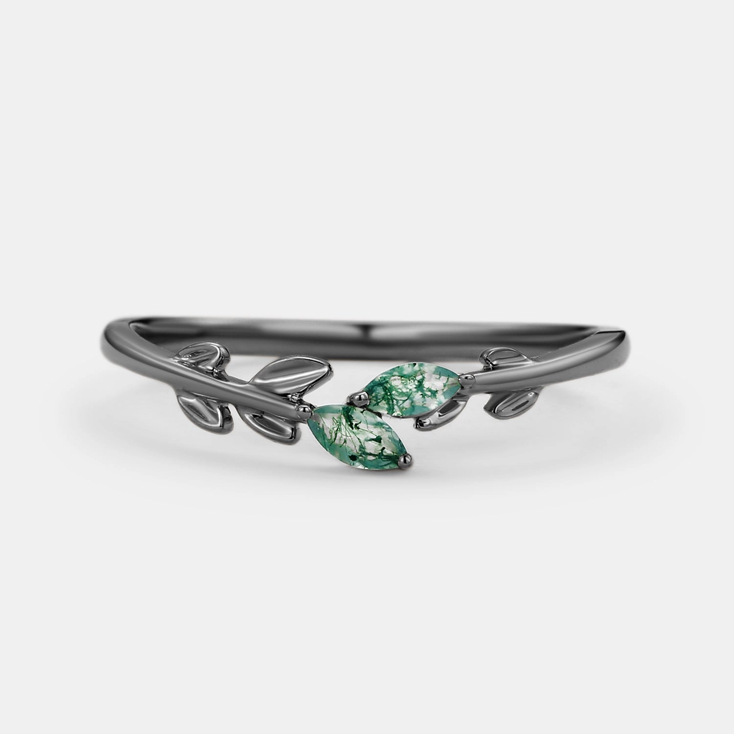 Moss Agate Marquise Cut Leafy Wedding Band Gold Ring Minimal Daywear Gifting Light