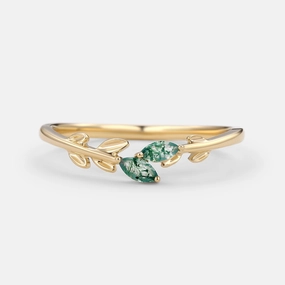 Moss Agate Marquise Cut Leafy Wedding Band Gold Ring Lightweight Piece Romantic Glow