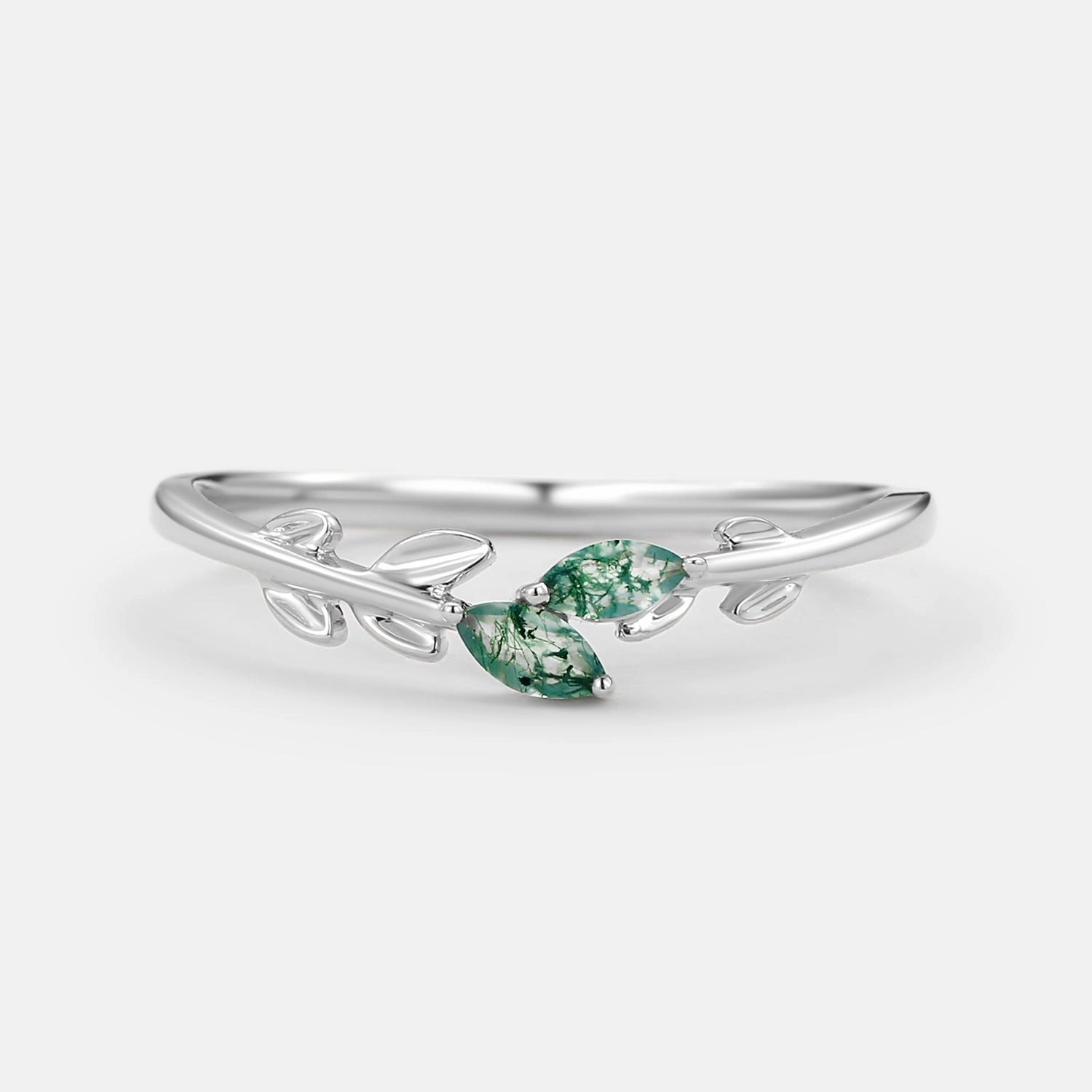 Elegant Embellishments Modern Twist Moss Agate Marquise Cut Leafy Wedding Band Gold Ring