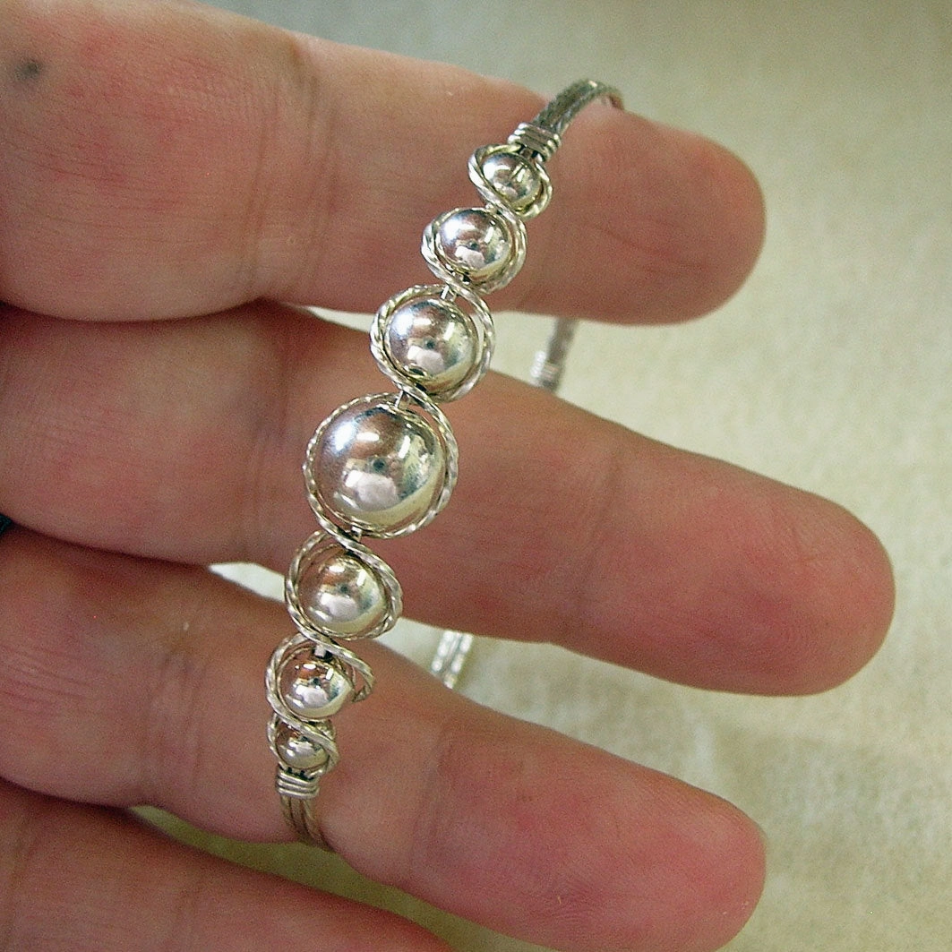 Graduated Sterling Silver Beads Wire Wrapped Bracelet Adaptable Design