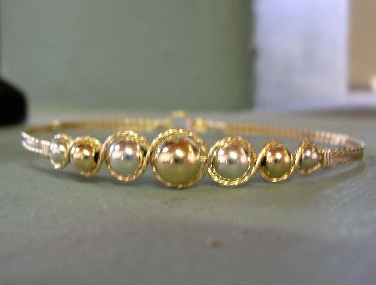 Graduated Two Tone Gold Filled & Sterling Silver Beads Wire Wrapped Bracelet Throwback Detail