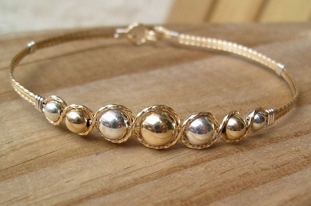 Graduated Two Tone Gold Filled & Sterling Silver Beads Wire Wrapped Bracelet Dependable Combination