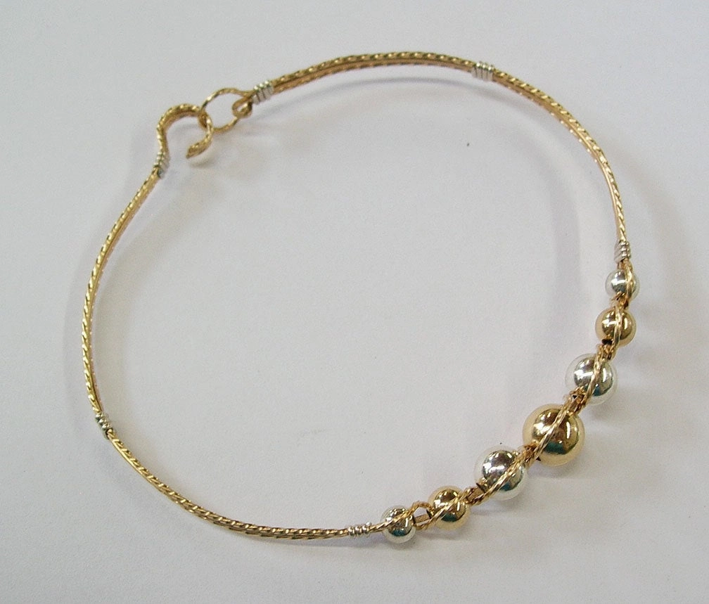 Graduated Two Tone Gold Filled & Sterling Silver Beads Wire Wrapped Bracelet Unique Piece