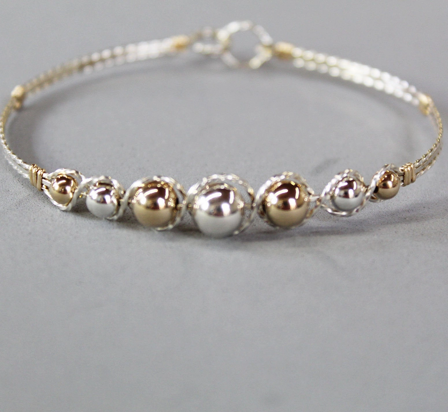 Perfect Match Quick Favorite Graduated Two Tone Sterling Silver & Gold Filled Beads Wire Wrapped Bracelet