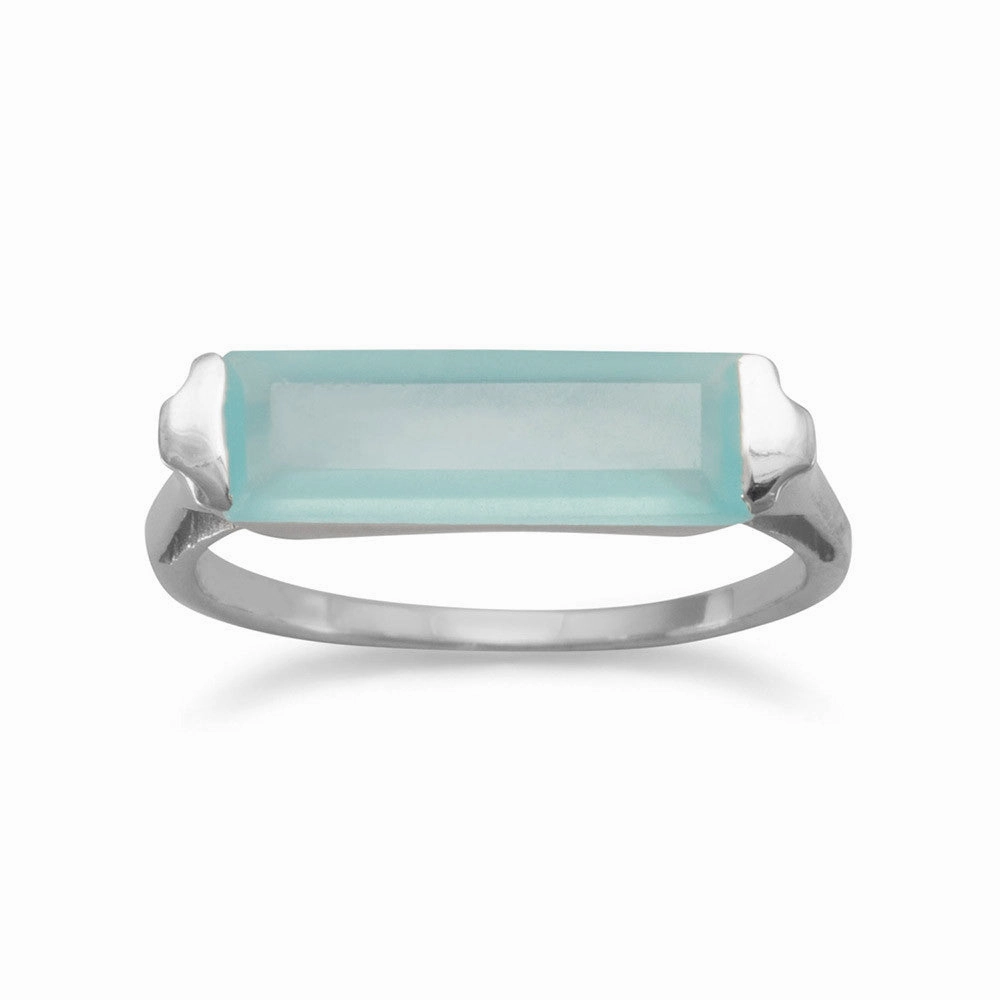 Green Chalcedony Bar Ring Rhodium on Sterling Silver- Nontarnish Wedding Occasion Economy Choice