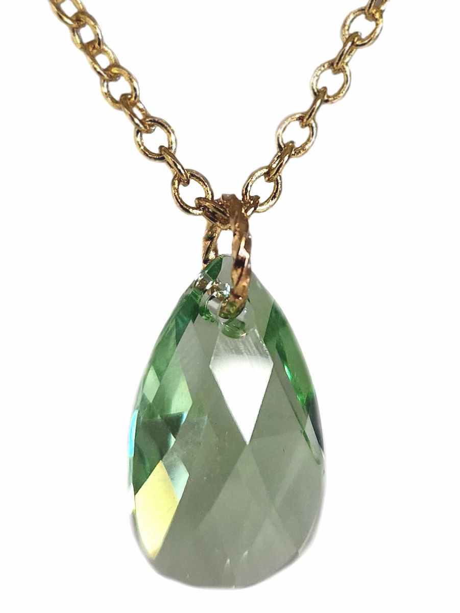 Green Crystal Necklace Pear shape with Gold-plated Chain Subtle Glamour