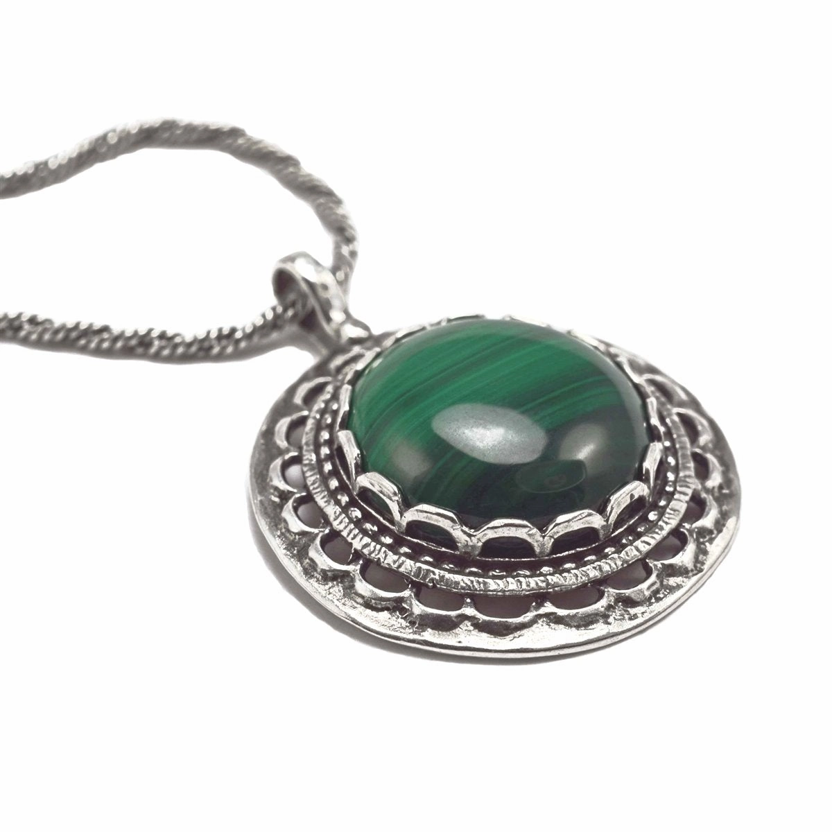 Holiday Party Green Malachite Necklace With Antiqued Rope Chain Sterling Silver