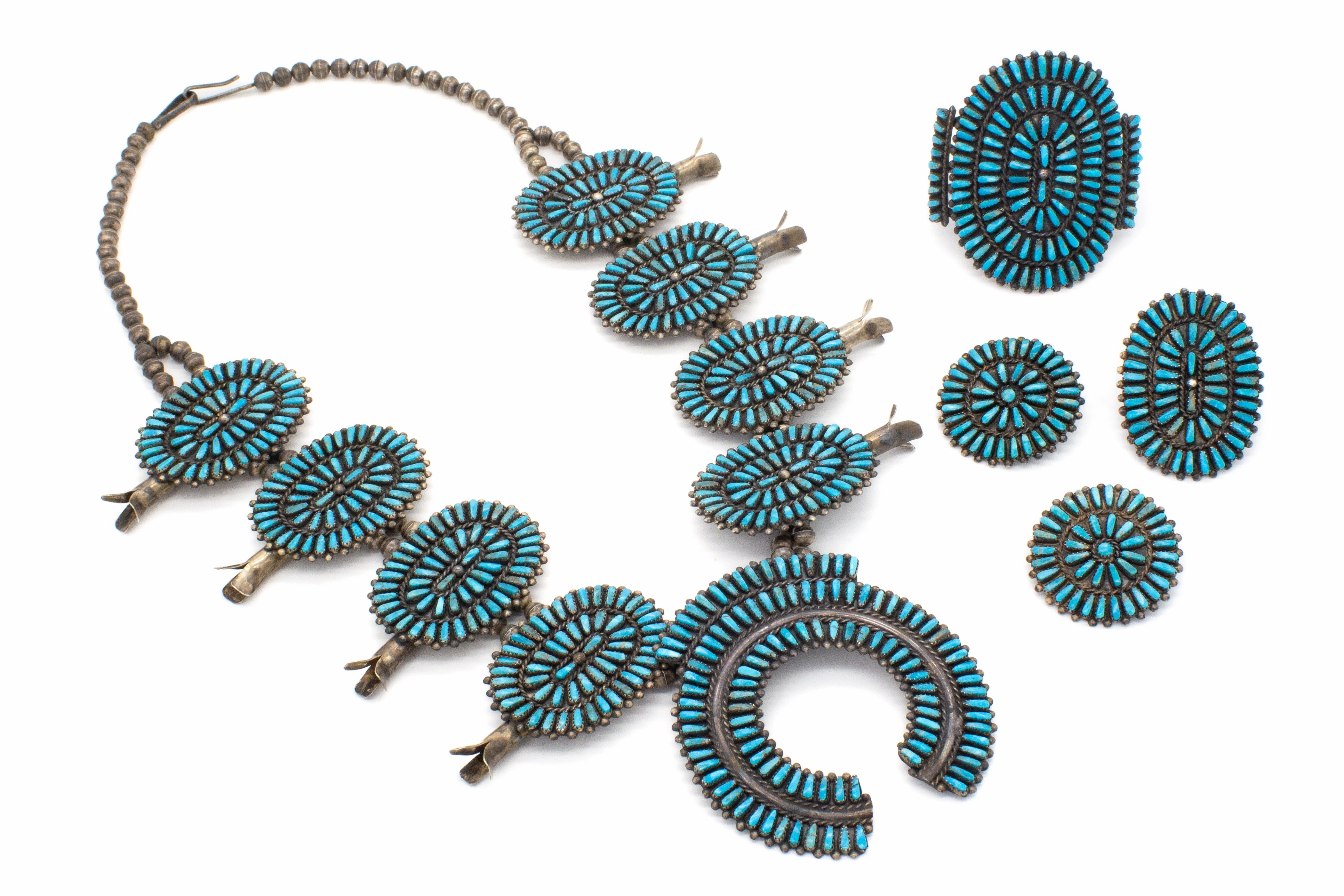 Handcrafted Design Shine Hallmark V Vintage Handmade Sterling Silver Turquoise Squash Blossom 4pc Set