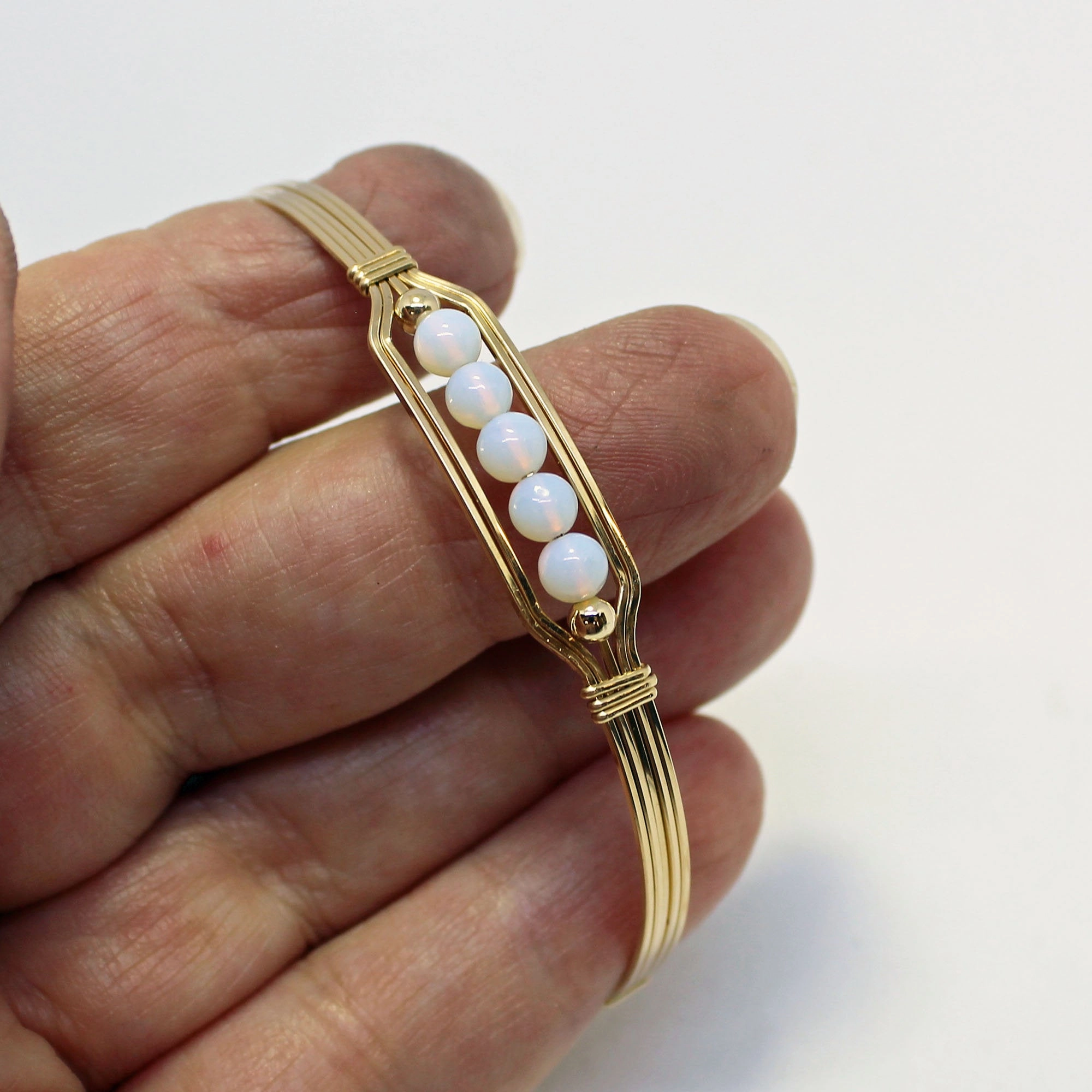 Borderless Norm Unisex style 5 Little Beads Glowing Opalite Beads Gold Filled Wire Wrapped Bracelet