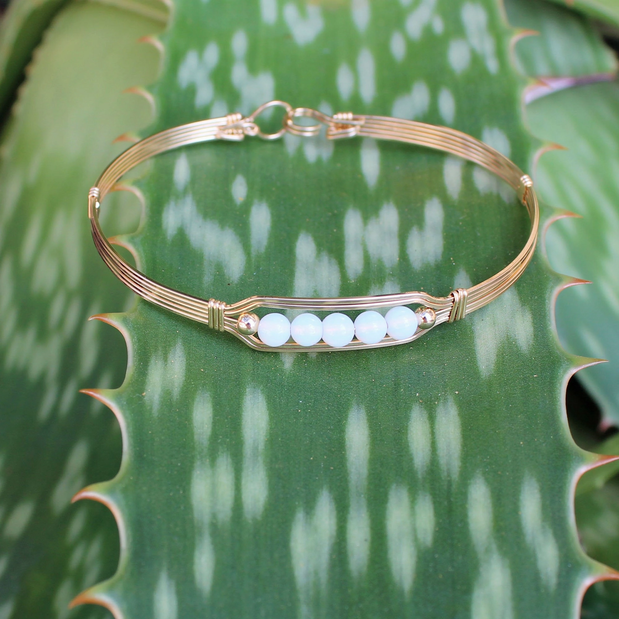 Made for you 5 Little Beads Glowing Opalite Beads Gold Filled Wire Wrapped Bracelet