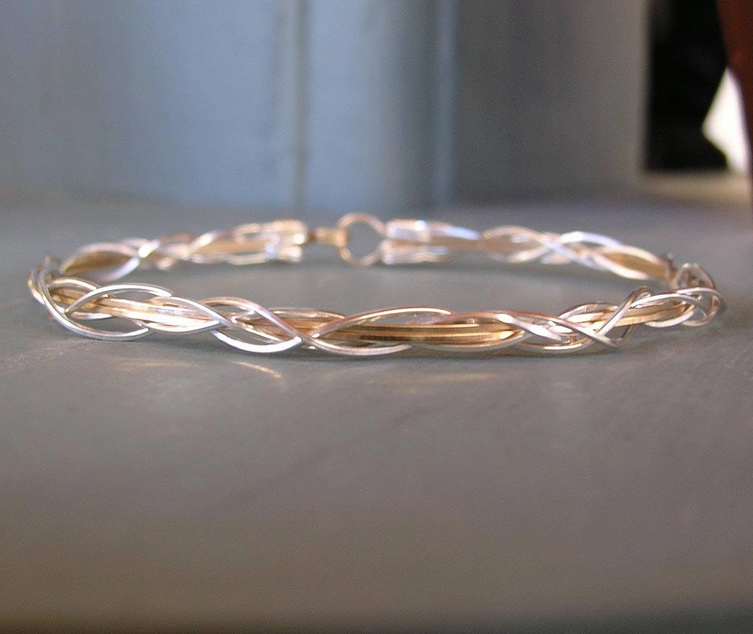 Extensive Blends Thin Two-Tone Grapevine Silver Over Gold Wire Wrapped Bracelet