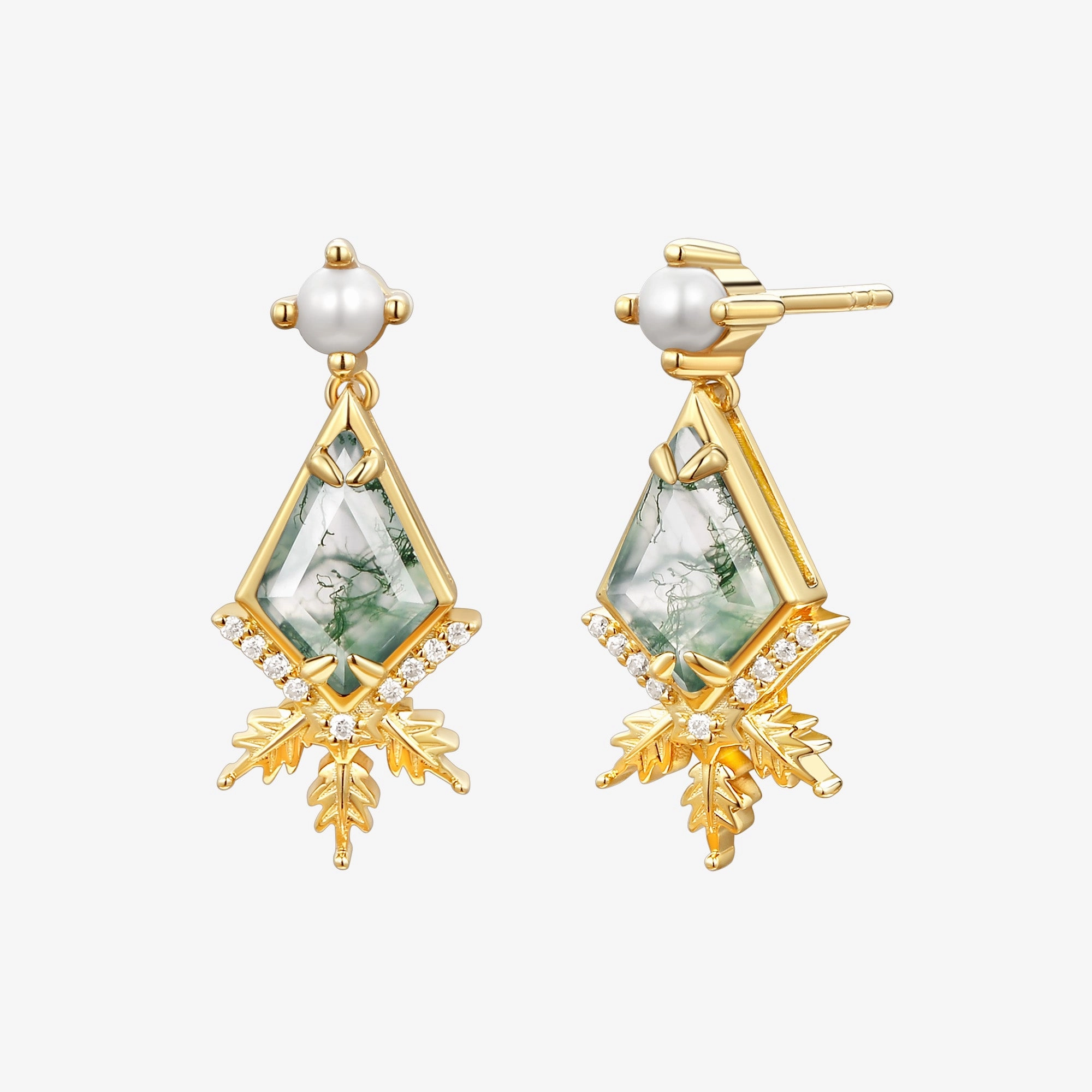 high contrast Unique Kite Cut Moss Agate & Akoya Pearl Yellow Gold Earrings