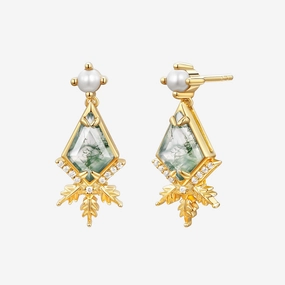 high contrast Unique Kite Cut Moss Agate & Akoya Pearl Yellow Gold Earrings