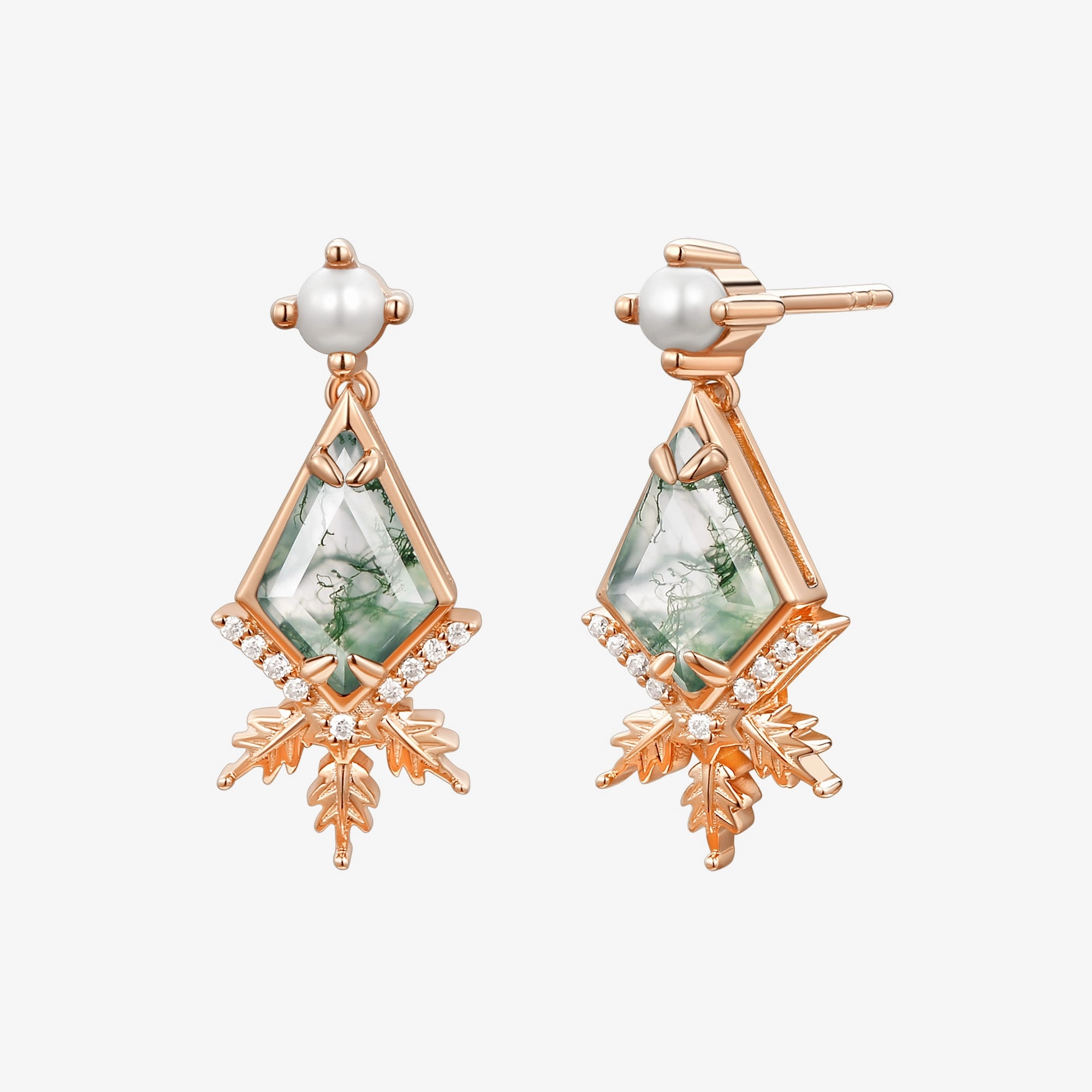 Unique Kite Cut Moss Agate & Akoya Pearl Yellow Gold Earrings Exquisite work