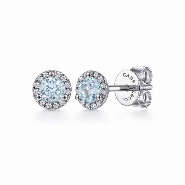 Clear Finish 14K White Gold Halo Aquamarine and Diamond Stud Earrings