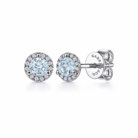 Clear Finish 14K White Gold Halo Aquamarine and Diamond Stud Earrings