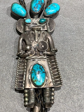 Luminous Highlight Navajo Kachina Sterling Silver Turquoise Bolo