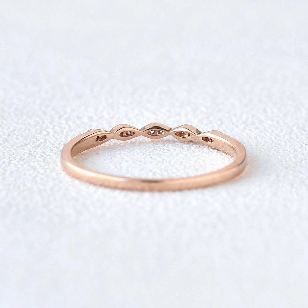 Moissanite Wedding Band Rose Gold Ring Modern Contour Striking Detail