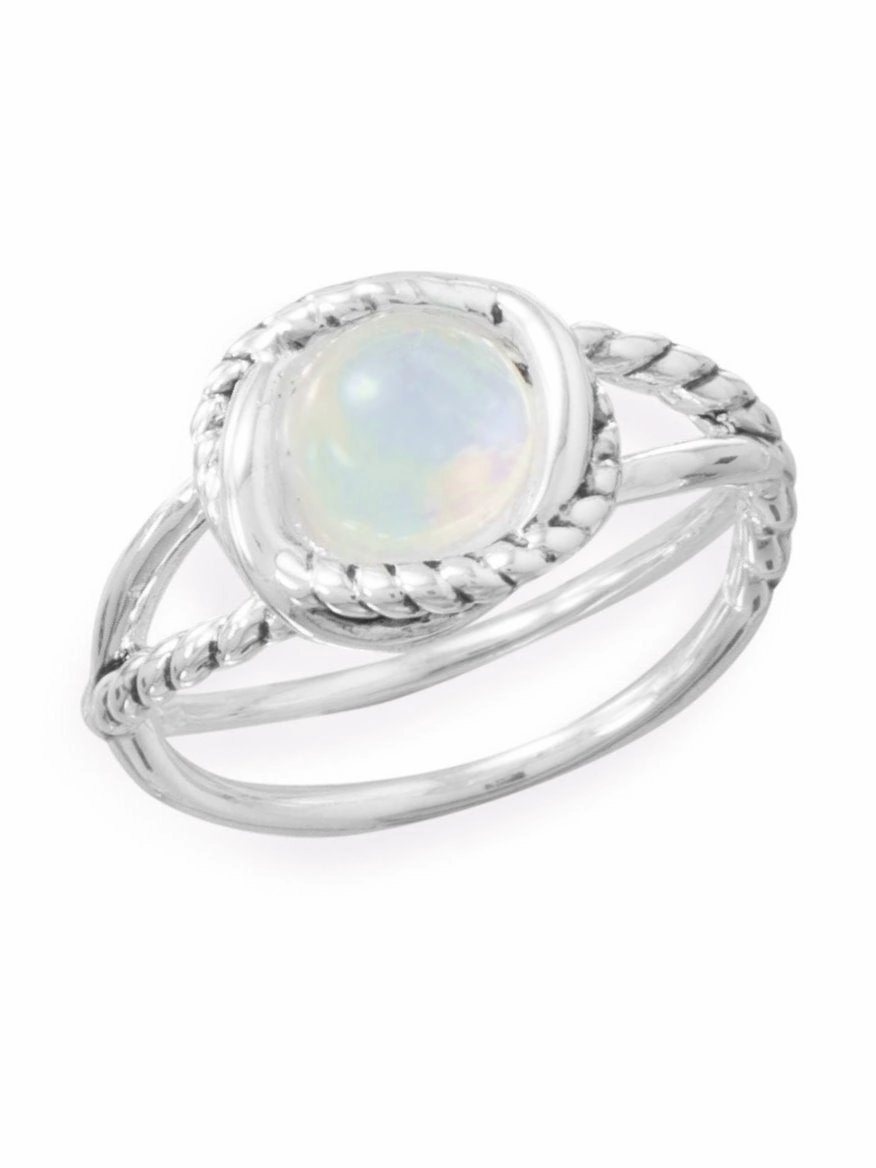 Round Rainbow Moonstone Ring with Cross Cross Band Rope Design Sterling Silver Custom Insignia Smart Present