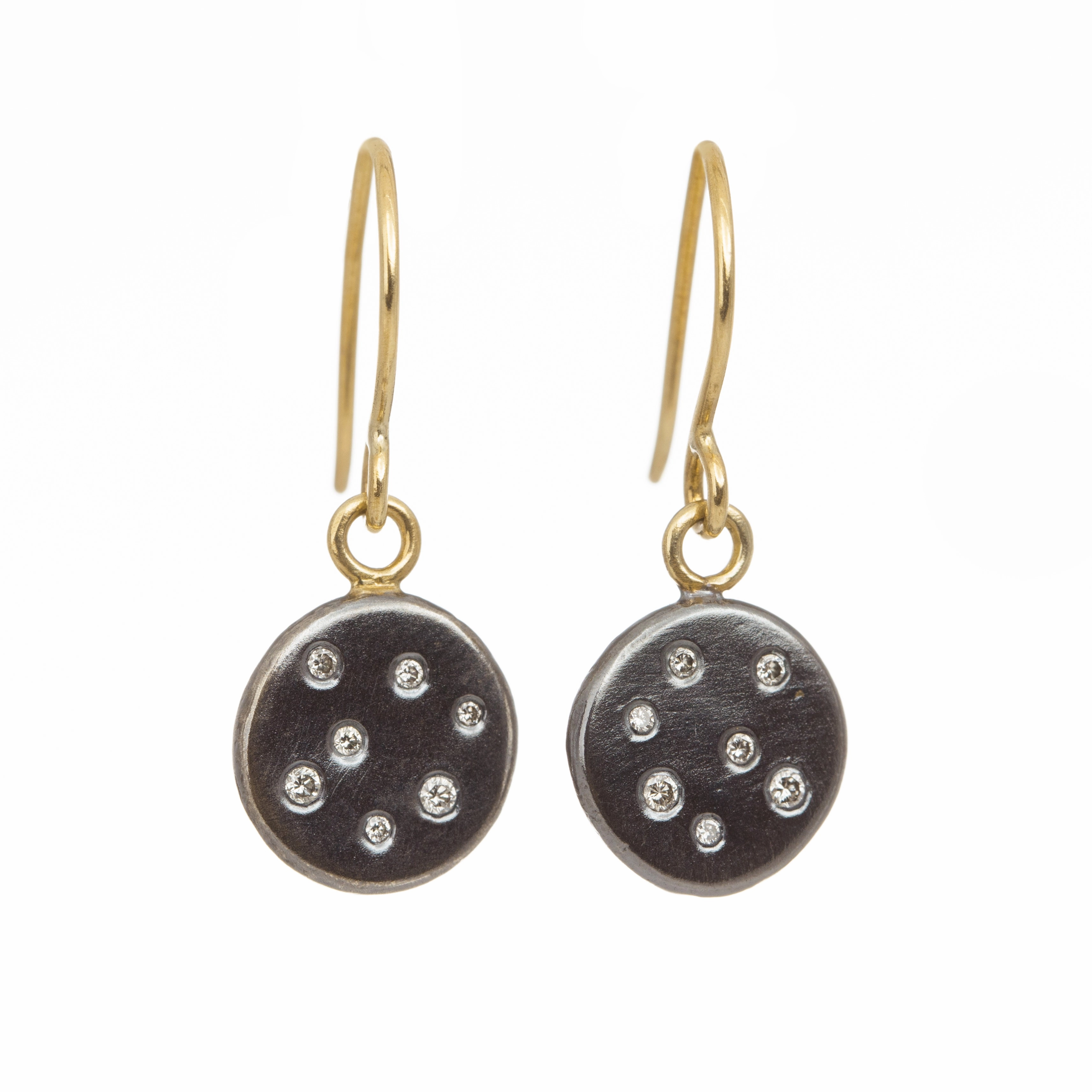 Black   Gold Scattered Diamond Disc Earrings - 18ky Gold, Oxidized Silver   Reclaimed Diamonds Daily Accent