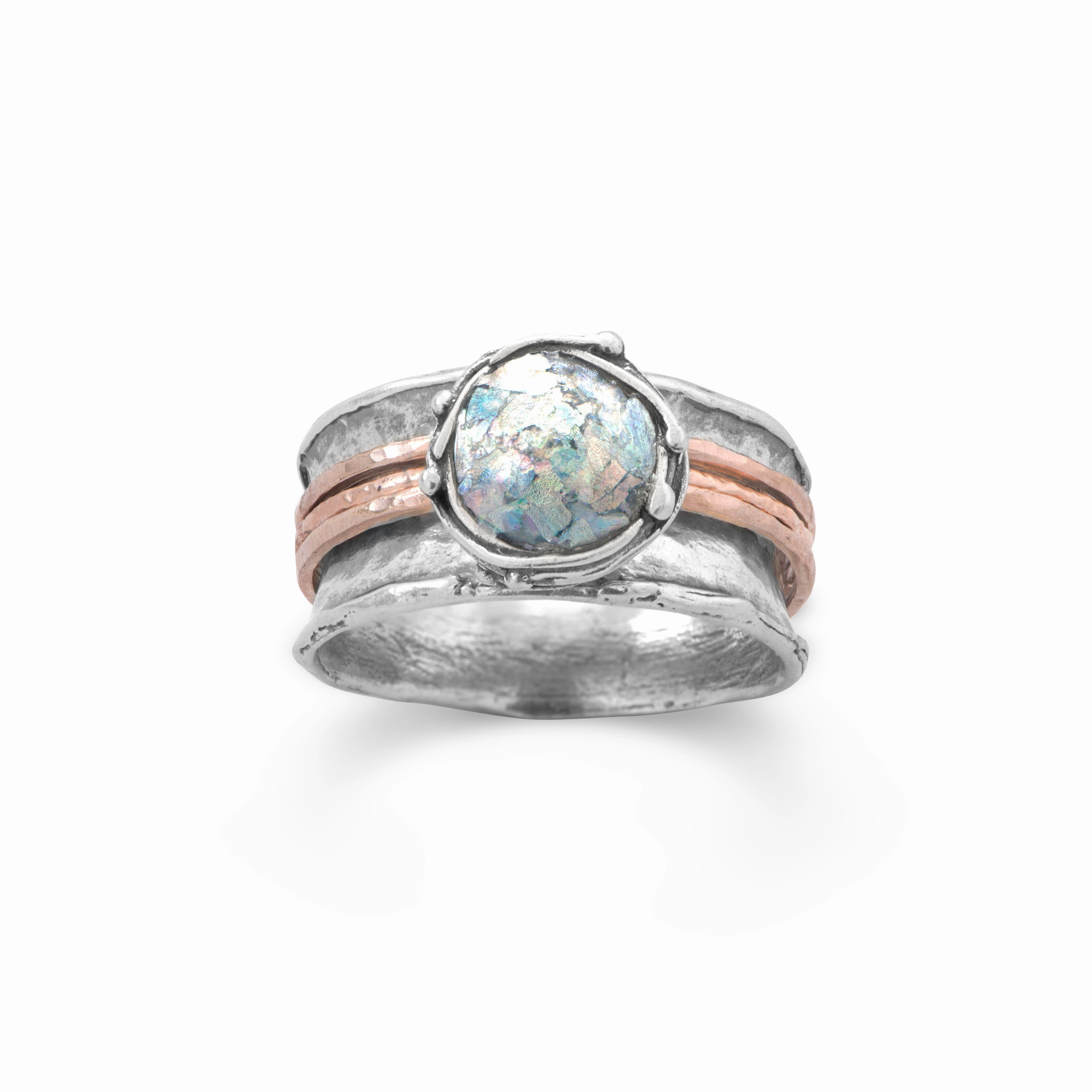 Ancient Roman Glass Ring Round with Rose Gold-plated Bands Sterling Silver Metallic Sheen Creative Art