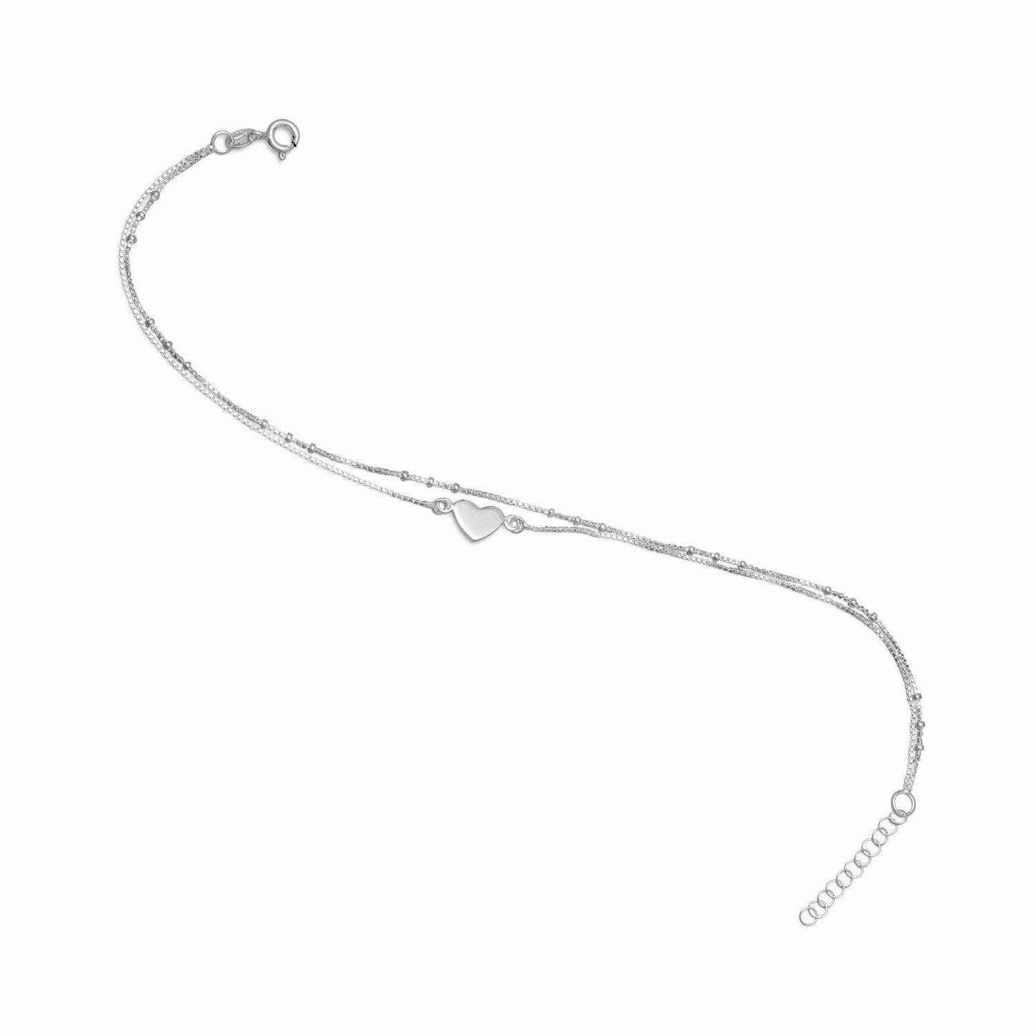 Heart Anklet Double Chain Sterling Silver Adjustable Length 9 to 10 inches Smart Casual Daily Favorite