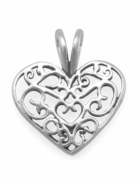 Glossy Look Heart Necklace Filigree Sterling Silver Pendant Teens, Pendant Only
