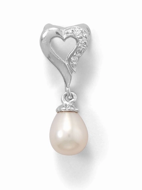 Dreamy Look Heart Slide with Cubic Zirconia and Cultured Freshwater Pearl Drop