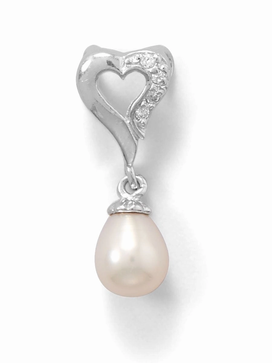 Dreamy Look Heart Slide with Cubic Zirconia and Cultured Freshwater Pearl Drop