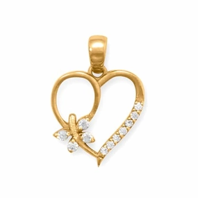 Vibrant Jewelry Craftwork Feminine Touch Heart with Butterfly Pendant Gold-plated Silver and Cubic Zirconia
