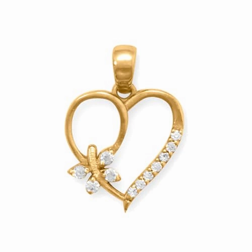 Vibrant Jewelry Craftwork Feminine Touch Heart with Butterfly Pendant Gold-plated Silver and Cubic Zirconia