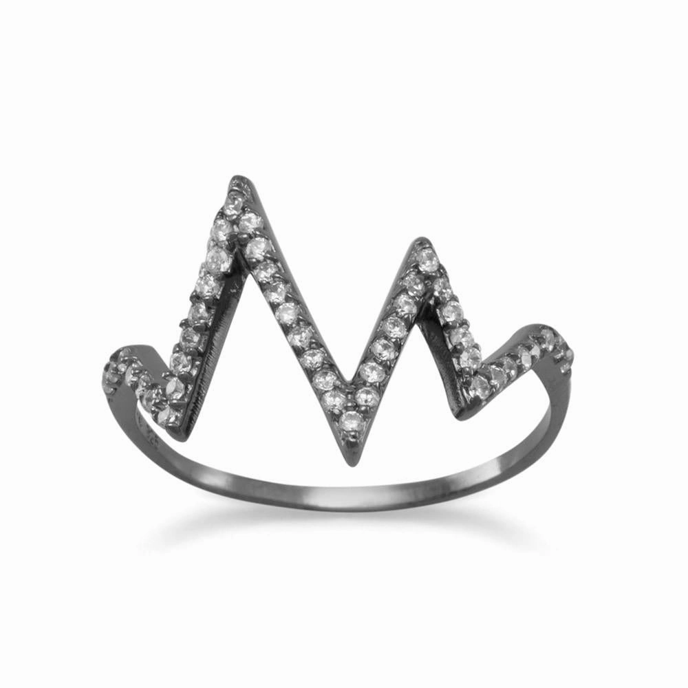 Sentimental Article Heartbeat Design Ring Cubic Zirconia Black Ruthenium-plated Sterling Silver